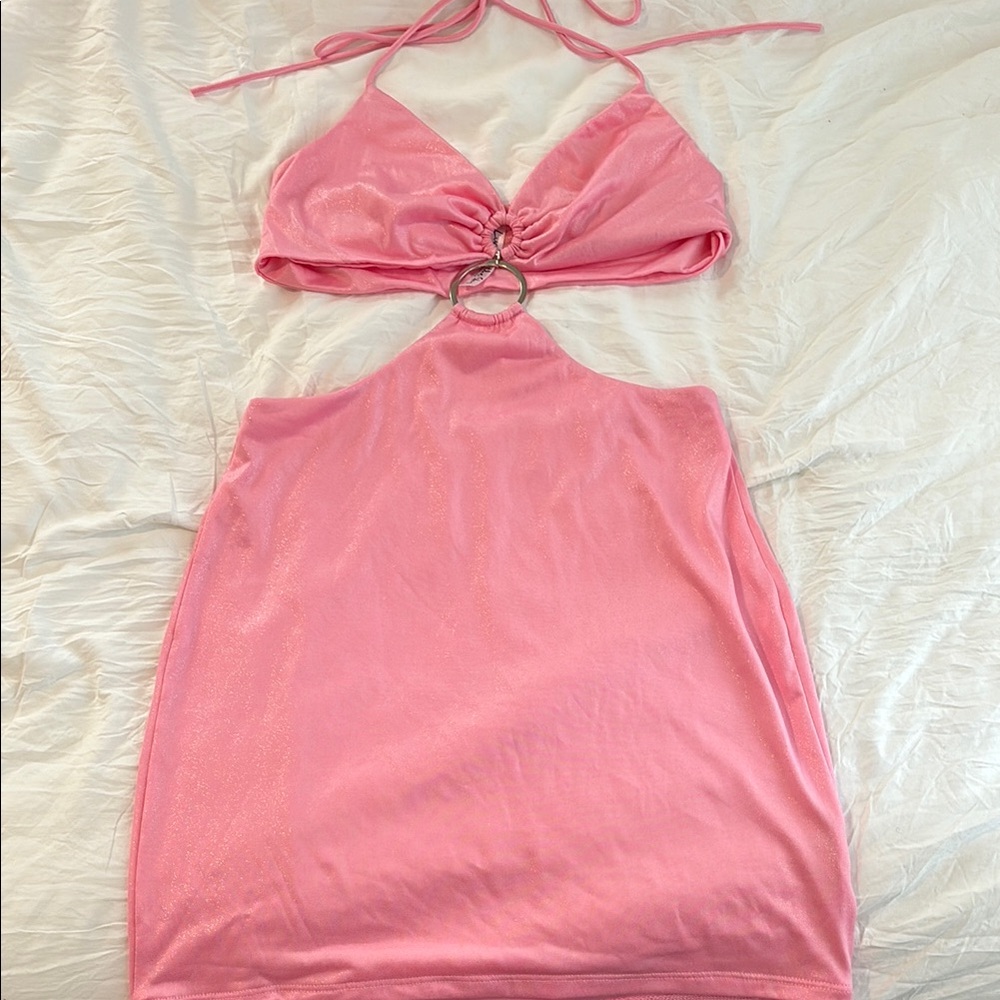Pink Halter Dress with Ring Accent